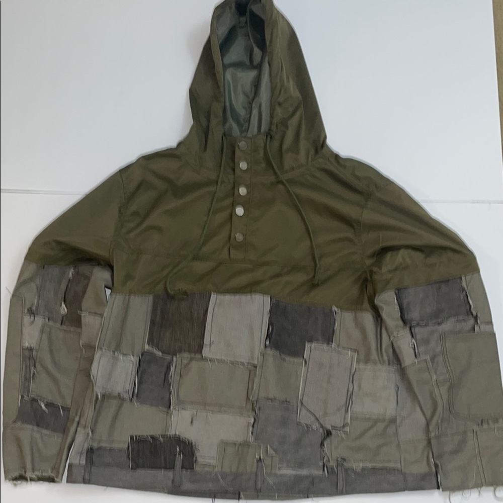 MNML Patchwork Nylon/ Denim Green and Gray Hooded Pullover Jacket
